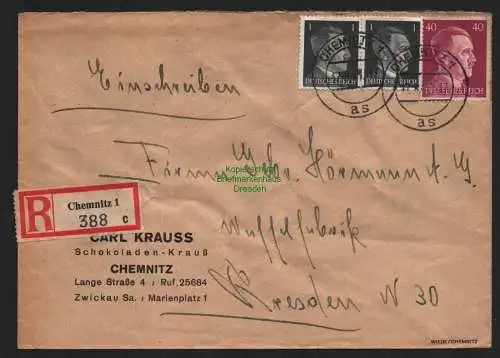 B9218 R-Brief Gebr. Hörmann A.-G. Chemnitz 1c 1943 Carl Krauss Schokoladen-Krauß