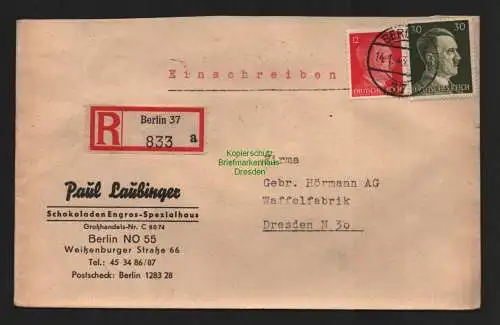 B9100 R-Brief Gebr. Hörmann A.-G. Berlin 37 a 1943 Paul Laubinger Schokoladen