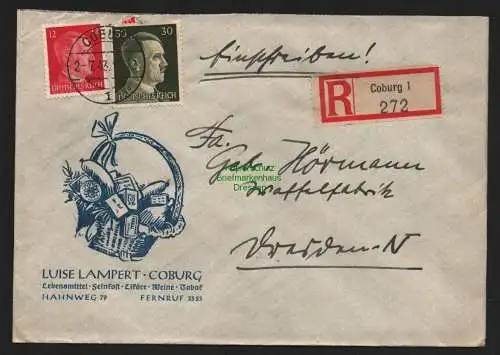 B9234 R-Brief Gebr. Hörmann A.-G. Coburg 1 1943 Luise Lampert  Lebensmittel-Fein