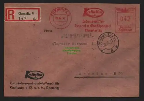 B9226 R-Brief Gebr. Hörmann A.-G. Chemnitz 8 a 1942 Ka.Ha.Vau Kolonialwaren-Vere