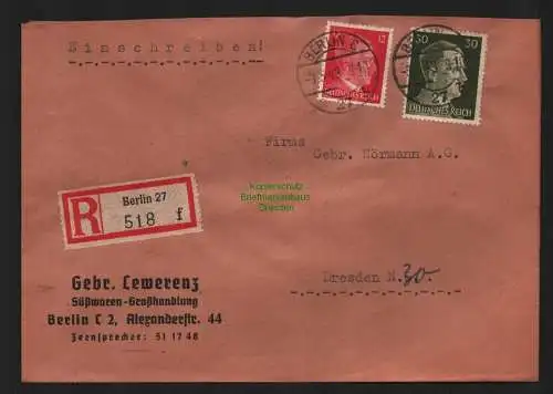 B9080 R-Brief Gebr. Hörmann A.-G. Berlin 27 f 1943 Gebr. Lewerenz Süßwaren-Großh