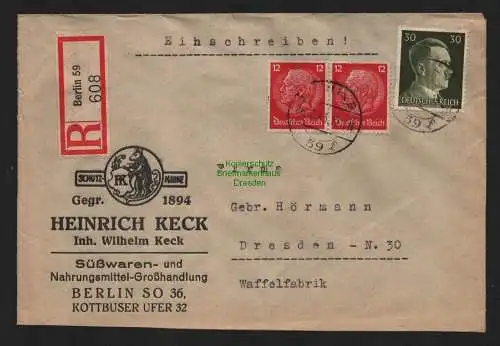 B9124 R-Brief Gebr. Hörmann A.-G. Berlin 59 1943 Heinrich Keck  Süßwaren- und N