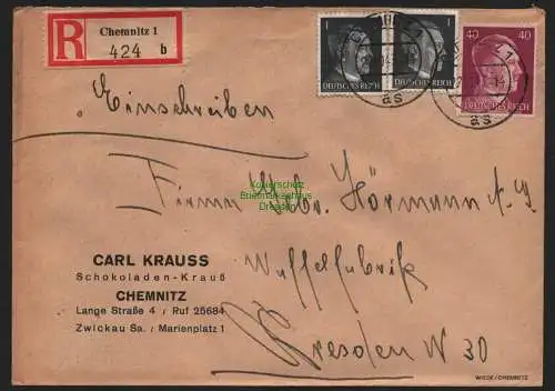 B9212 R-Brief Gebr. Hörmann A.-G. Chemnitz 1b 1943 Carl Krauss Schokoladen-Krauß