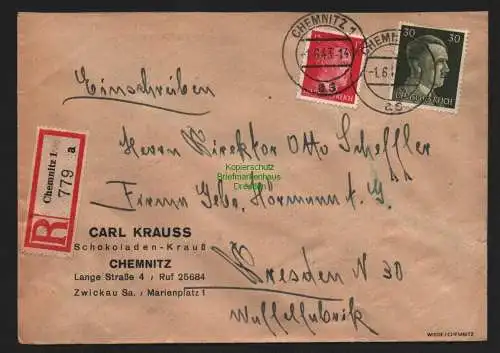B9210 R-Brief Gebr. Hörmann A.-G. Chemnitz 1a 1943 Carl Krauss Schokoladen-Krauß