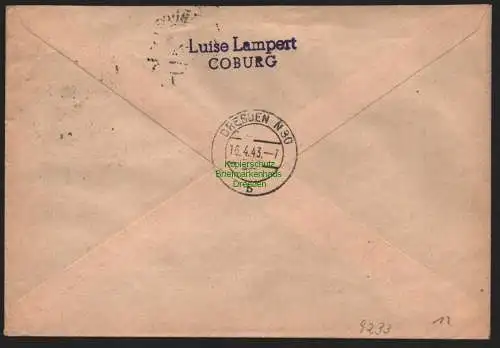 B9233 R-Brief Gebr. Hörmann A.-G. Coburg 1 1943 Luise Lampert