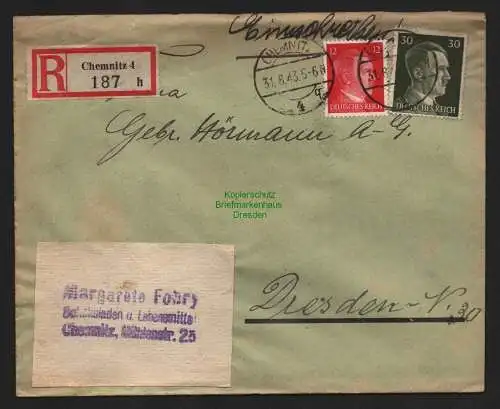 B9223 R-Brief Gebr. Hörmann A.-G. Chemnitz 4 h 1943 Margarethe Fohry