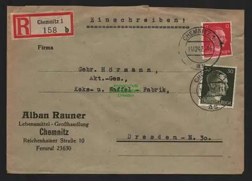 B9215 R-Brief Gebr. Hörmann A.-G. Chemnitz 1 b 1942 Alban Rauner Lebensmittel