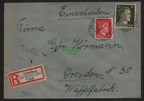 B9205 R-Brief Gebr. Hörmann A.-G. Callenberg über Waldenburg (Sachs) 1943