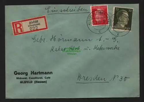 B9005 R-Brief Gebr. Hörmann A.-G. Alsfeld 1943 Georg Hartmann  Bäckerei Cafe