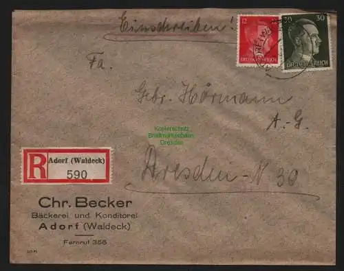 B9003 R-Brief Gebr. Hörmann A.-G. Adorf(Waldeck) 1943 Chr. Becker Bäckerei und