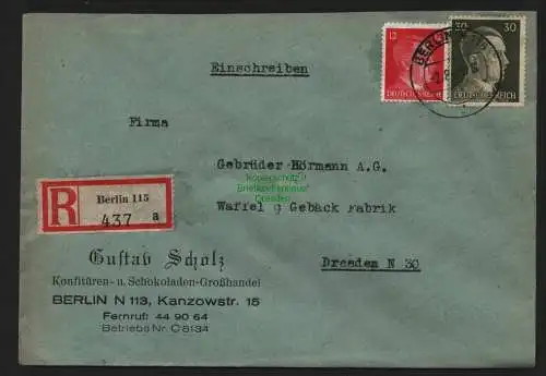 B9052 R-Brief Gebr. Hörmann A.-G. Berlin 115 a 1943 Gustav Scholz Konfitüren-