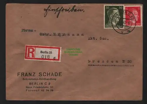 B9071 R-Brief Gebr. Hörmann A.-G. Berlin 25 c 018 1943 Franz Schade  Schokoladen