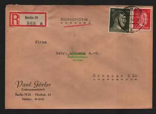 B9083 R-Brief Gebr. Hörmann A.-G. Berlin 28 a 1943 Paul Görler Zuckerwarenfabrik