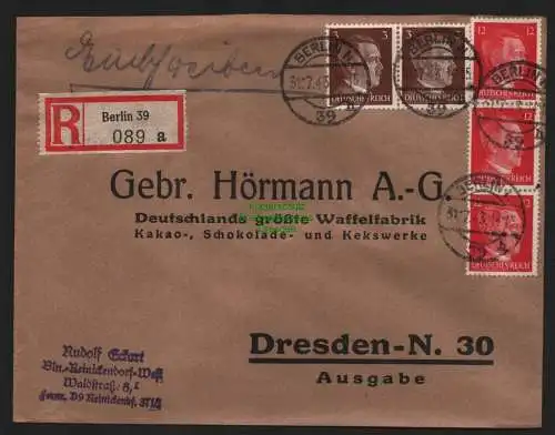 B9105 R-Brief Gebr. Hörmann A.-G. Berlin 39 a 1943 Rudolf Eckart