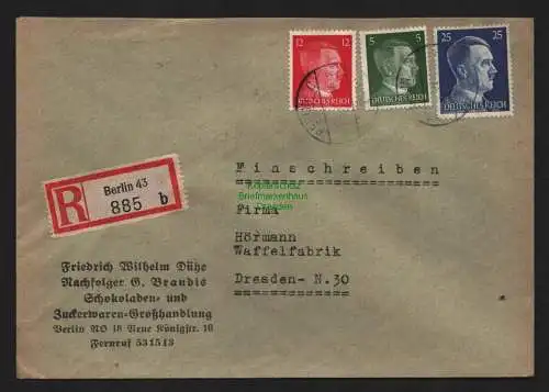 B9111 R-Brief Gebr. Hörmann A.-G. Berlin 43 b Friedrich Wilhelm Dühe Schokoladen