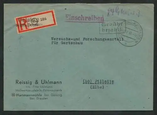 h5198 SBZ Brief Geising Gebühr bezahlt Einschreiben 02.7.48 Hartmannmühle