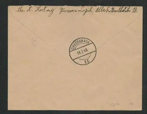 h5271 SBZ Währungsreform 1948 Gebühr bezahlt R-Brief Pirna Copitz nach Dresden