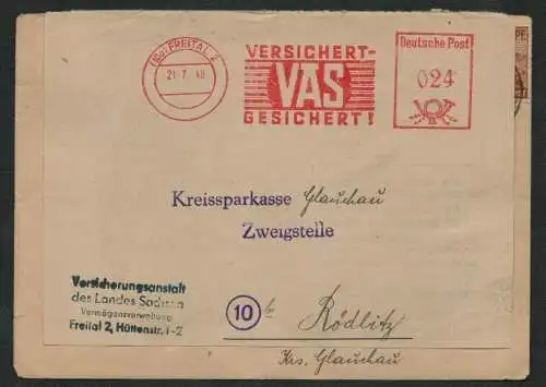 h5192 SBZ Währungsreform 1948 Freistempel 21.7.Freital VAS Versicherung Rödlitz