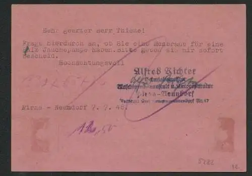 h5282 SBZ Währungsreform 1948 Postkarte Gebühr bezahlt Pirna Neundorf 8.7.48
