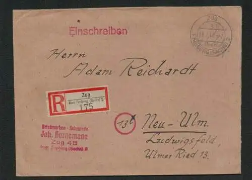 h5184 SBZ Brief Zug über Freiberg Währungsreform 1948 Gebühr bezahlt Neu Ulm