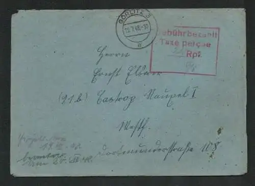 h5202 SBZ Währungsreform 1948 Bezirk 14 Gebühr bezahlt Brief Görlitz 12.7.48