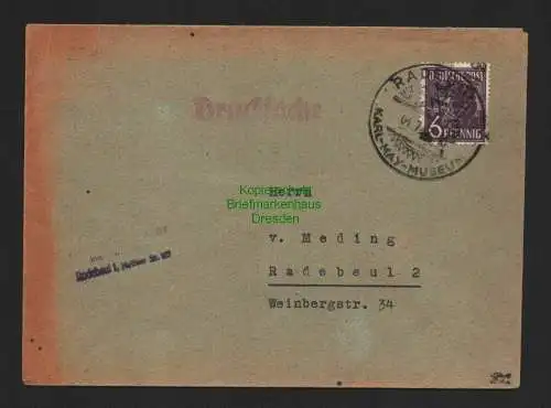 h4342 SBZ Bezirkshandstempel Bezirk 14 Ortsdrucksache Radebeul 4.7.48 Sonntag