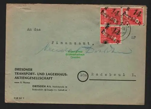h4431 SBZ Bezirkshandstempel Bezirk 14 Brief Dresden 1k 3x 8 Pfg. an Finanzamt