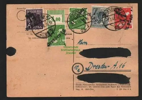 h4451 SBZ Bezirkshandstempel Bezirk 14 Postkarte Dresden 1.7.48 5 Werte