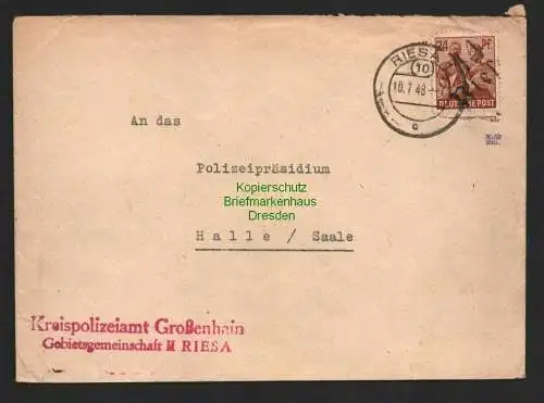 h4358 SBZ Bezirkshandstempel Bezirk 14 Brief Riesa Kreispolizeiamt Großenhain