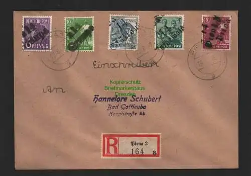 h4352 SBZ Bezirkshandstempel Bezirk 14 R-Brief Pirna mit Graupa Gottleuba Rathew