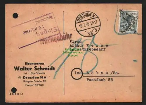 h4439 SBZ Bezirkshandstempel Bezirk 14 Postkarte 15.7.48 Nachgebühr 18 Eisenware