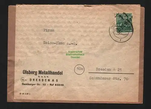 h4543 SBZ Bezirkshandstempel Bezirk 14 Brief Dresden 25 Olsberg Metallhandel
