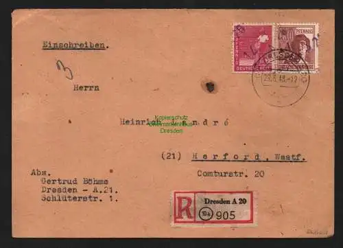 h4552 SBZ Bezirkshandstempel Bezirk 14 R-Brief Dresden A26 nach Herford gepr.