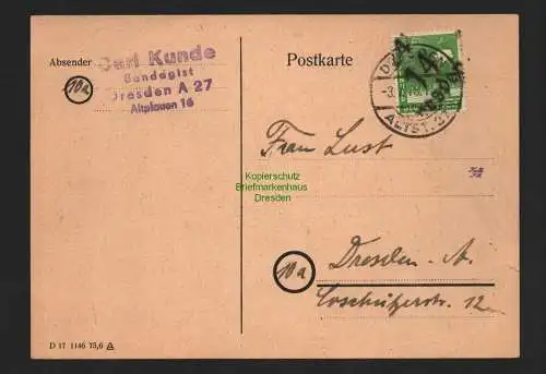 h4511 SBZ Bezirkshandstempel Bezirk 14 Postkarte Ortskarte Dresden 3.7. Bedarf