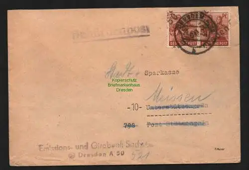 h4595 SBZ Bezirkshandstempel Bezirk 14 Brief Dresden 50 Girobank Meissen gepr.