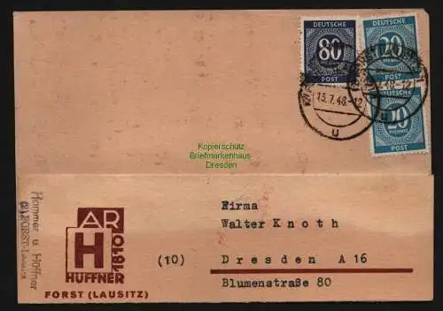B12633 SBZ Postkarte Zehnfach Währungsreform Ziffern 13.7.48 Forst Lausitz nach
