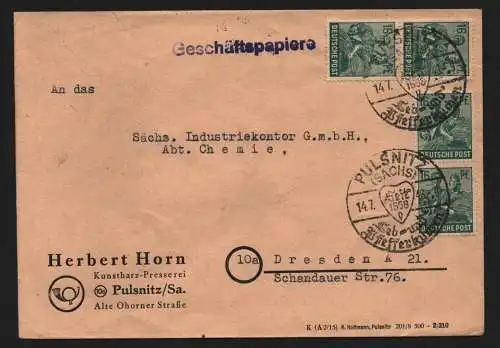 B12823 SBZ Brief Währungsreform Zehnfachfrankatur 1948 Pulsnitz Geschäftspapiere