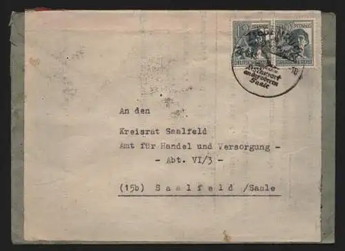 B12841 SBZ Brief Währungsreform Zehnfachfrankatur 1948 Ziegenrück Notumschlag
