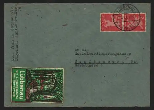 B12969 SBZ Brief Berlin 2x 5 A Lübbenau Reklame Vignette nach Senftenberg 1945