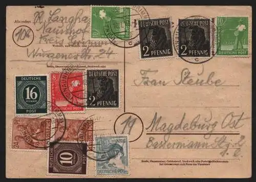 B12854 SBZ Postkarte Währungsreform Zehnfachfrankatur 1948 Naunhof Bz. Grimma