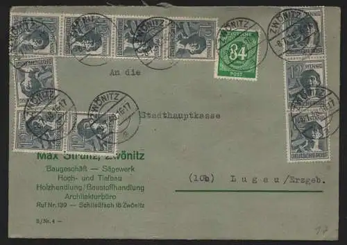 B12875 SBZ Brief Währungsreform Zehnfachfrankatur 1948 Zwönitz 8.7.48 nach Lugau