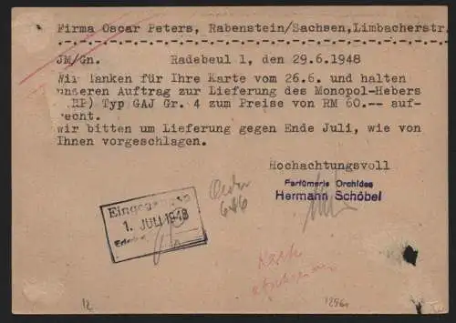 B12961 SBZ Postkarte Währungsreform Zehnfachfrankatur 1948 Radebeul 2x A 956