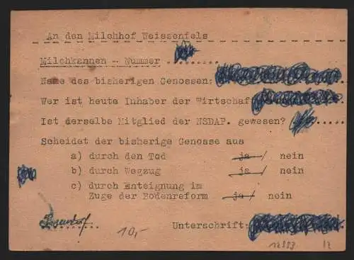 B12993 SBZ Postkarte Provinz Sachsen 1945 85 EF Reichardtswerben Milchhof Weisse