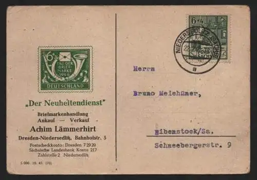 B12996 SBZ Postkarte Provinz Sachsen 1946 87 A EF Niedersedlitz nach Eibenstock