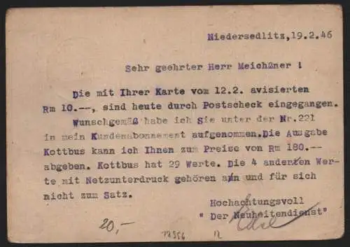 B12996 SBZ Postkarte Provinz Sachsen 1946 87 A EF Niedersedlitz nach Eibenstock