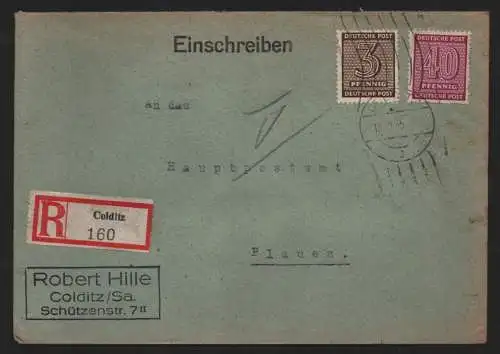 B12999 SBZ Brief Westsachsen 1945 Einschreiben Colditz nach Plauen 126 X 136 X