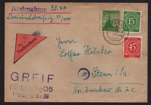 B12985 SBZ Brief Thüringen Leipzig 1946 Nachnahme Briefmarken Greif nach Stenn