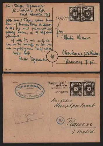 B12978 SBZ 2x Postkarte Ostsachsen 1946 2x 51tx Auerbach Vogtl. Chemnitz nach