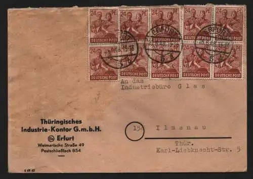 B12829 SBZ Brief Währungsreform Zehnfachfrankatur 1948 Erfurt 26.6. nach Ilmenau