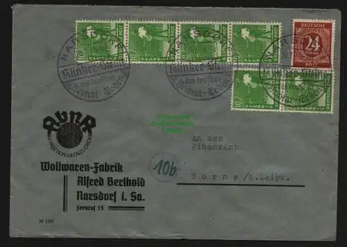 B12728 SBZ Währungsreform 1948 Zehnfach Frankatur Narsdorf 20.7.48 nach Borna